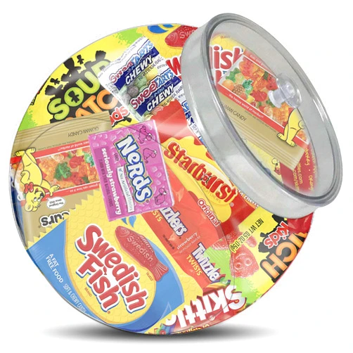 West End Foods Store Assorted Candy Treats Clear Plastic Container with Lid, 2lbs of Sweet Haribo, Nerds, Twizzlers, Sour Patch Kids, Swedish Fish, Starburst , Sweet Tarts, and Skittles for Party Favor and Supplies