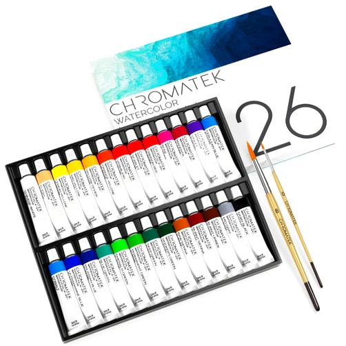 CHROMATEK Watercolor Paint Set - 28 Piece Kit for Adults, Beginners & Professional Artists - 26 x 12ml Liquid Water Color Tubes & 2 Painting Brushes - Richly Pigmented Vibrant Colors - Art Supplies