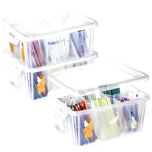 loobuu Plastic Storage Bins with Lids - 3 Pack Art Craft Supply Organizer Box with Brush Pot for Kids, 17 QT Stackable Clear Pen Container for Toy/Sewing/Comestic/Tool/Playdoh(15.93