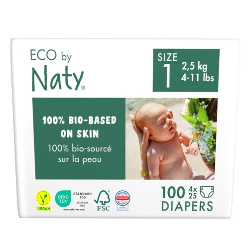 Eco by Naty Eco-Friendly Baby Diapers Newborn - 100% Plant-Based Materials on Skin, Extra Soft, for Sensitive Skin & Super Absorbent (Size 1, 100 Count)