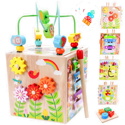 KMTJT Wooden Activity Cube | Montessori Toys for 1 2 3 Year Old Toddlers | One Year Old 1st First Birthday Gift | Educational Toys for 12+ Months Baby Boys Girls | Bonus Sorting & Stacking Game (Pink)