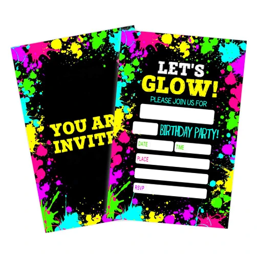 GREOXG Let'S Glow Birthday Party Invitation,Glow Neon Invite Cards（20 Count) With Envelopes, Fill In Style Invite Cards For Boys, Girls, Kids, Birthday Party Supplies-A34