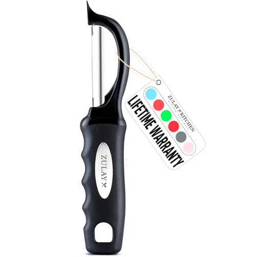 Zulay Kitchen Premium Vegetable Peeler for Kitchen - Swivel Peeler with Razor Sharp Stainless Steel Blades & Strong Ergonomic Handle - Dishwasher Safe, Easy To Use with Blemish Remover - Black