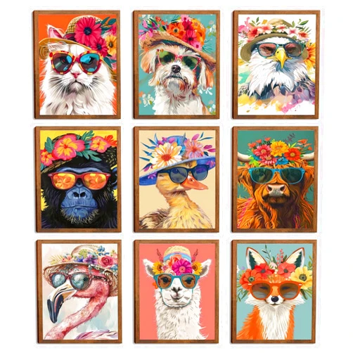 Wow NEW ART Funny Animal Nursery Wall Art Set of 9, Cute Colorful Animal Posters Painting Wall Decoration, Preppy Canvas Print Artwork for Kids Room Bedroom Playroom baby room Home Decor 8x10in Unframed