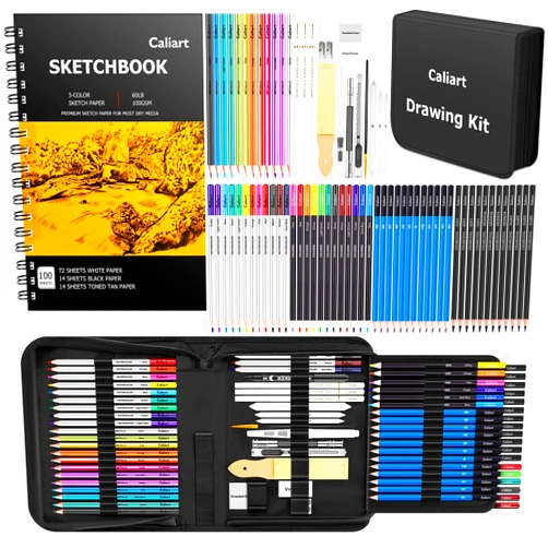 Caliart 176PCS Art Supplies Sketching Kit with 100 Sheets 3-Color Sketch Book, Graphite Colored Charcoal Watercolor & Metallic Pencils, School Supplies Gifts for Artists Adults Teens Girls Boys Kids