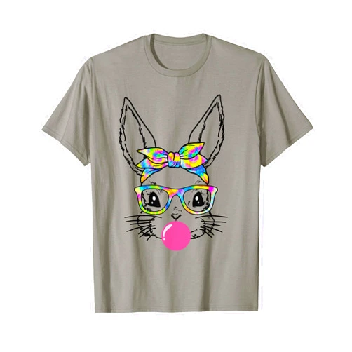 Happy Easter Day Bunny Face For Girls women Cute Bunny With Bandana Tie Dye Glasses Bubblegum Easter Day T-Shirt