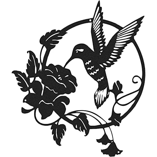 CHIUIN Metal Bird Wall Art Decor Garden Living Room Decor Metal Bird Wall Silhouette Hummingbird Flower Wall Art Hanging Decoration Gift (12.5in,Black)