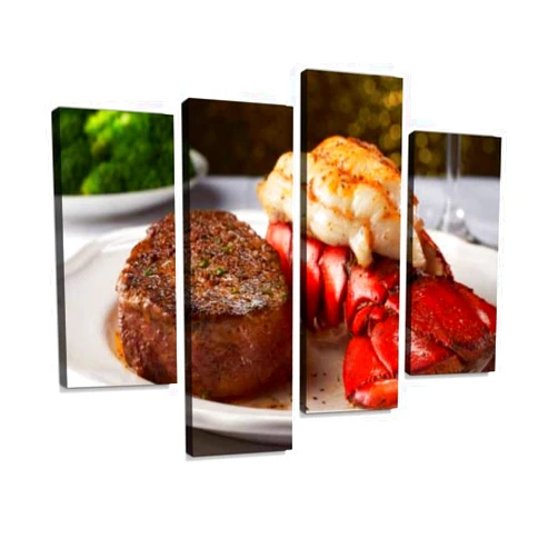 IGOONE 4 Panels Canvas paintings - Steak and Lobster on a White Plate and Table Cloth - Wall Art modern Posters Framed Ready to Hang for Home Wall Decor