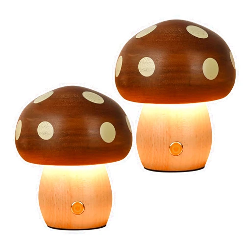 LONRISWAY 2Pack Wood Small Mushroom Table Lamp, LED Rechargeable Cordless Touch Bedside Lamps, Wireless Stepless Dimming Night Light, Portable Battery Lamp for Bedroom Nightstand for Birthday Gifts