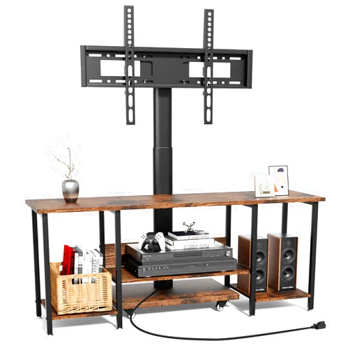 JUSTOGO TV Stand with Mount and Power Outlet, Rolling TV Stand Floor Stand with Wheels for 32/45/55/60/65 inch TVs, Entertainment Center Swivel Height Adjustable Media Console for Living Room Bedroom