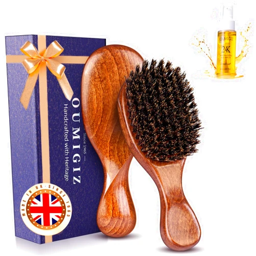 Oumigiz 24K Gold Hair Oil with 100% Boar Bristle Hair Brush Since 1965 British Craftsmanship, Frizz Control for Dry Damaged Hair, Smooth & Shine