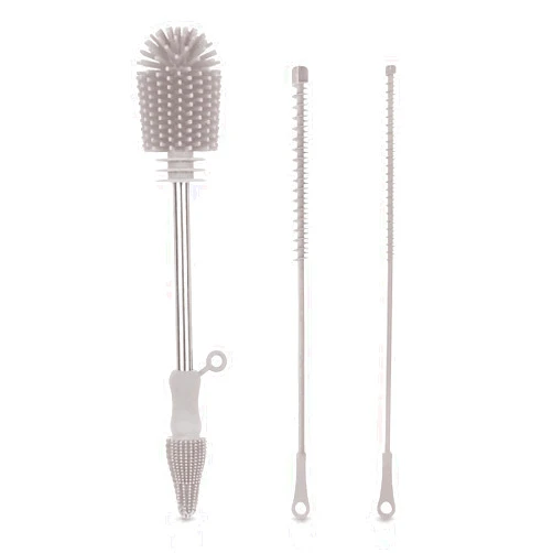 Haakaa Baby Bottle Brush Kit -Silicone Cleaning Brush for Breast Pump,Nipple,Breast Milk Storage Bag,Reusable Straw,Sippy Cup - Food Grade Silicone Bristles, Portable -3 Pcs - Light Gray