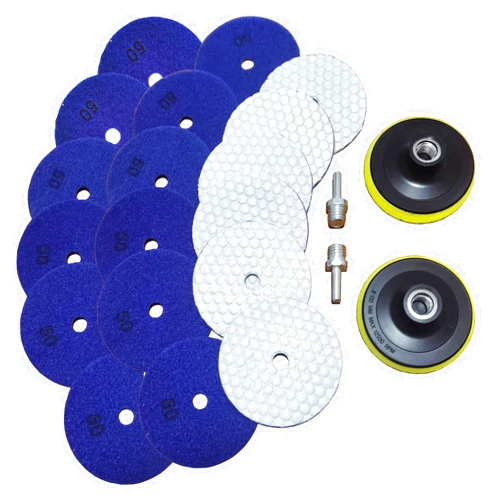 ANTENGDATOOL 16 Packs Dry Diamond Polishing Pads Grit 50, 4 Inch Dry/Wet Granite Sanding Pad for Bufffing Marble Quartz Concrete Stone Tiles Used for Grinder Polisher Drill