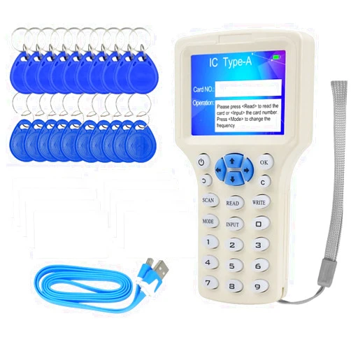 WIKICK English 10 Frequency RFID NFC Card Copier Reader Writer for IC ID Cards and All 10pcs 125kHz Cards+10pcs ID 125kh Key Fobs+10pcs 13.56mhz UID Key +1USB