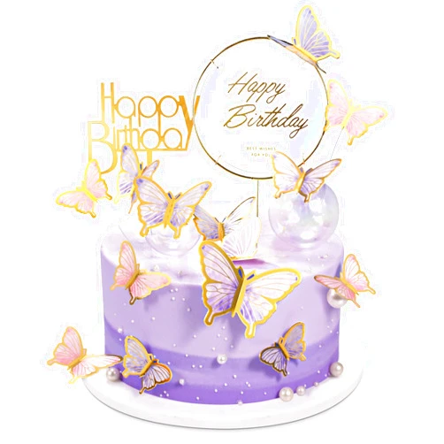 LANGPA 22-Pieces Butterfly Cake Decorations With Happy Birthday Acrylic Cake Toppers for Baby Shower Wedding Birthday Party Decor (Purple & Pink)