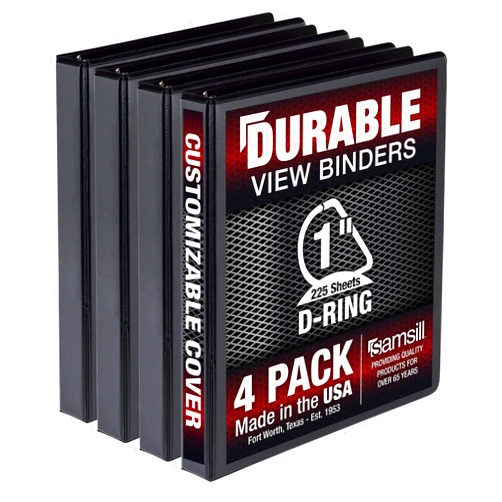 Samsill Durable 1 Inch Binder, Made in the USA, D Ring Binder, Customizable Clear View Cover, Black, 4 Pack, Each holds 225 Pages