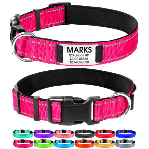 Joytale Personalized Dog Collars, Reflective Nylon Dog Collar with Engraved Name Plate, Customized for Small Dogs, Hotpink, S