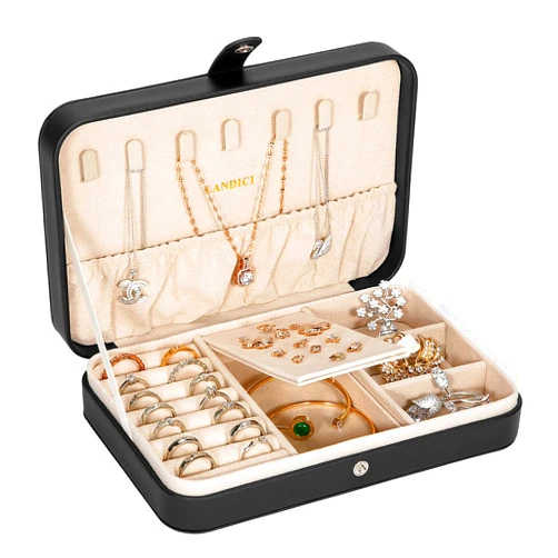 LANDICI Small Jewelry Box for Women Girls, PU Leather Travel Jewelry Case, Portable Jewelry Organizer Storage Holder Display for Ring Earrings Necklace Bracelet Bangle Men Kids Gift, Black