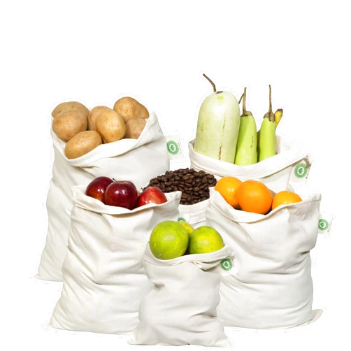 Organic Cotton Mart Reusable Produce Bags Cotton Washable - Organic Cotton Vegetable Bags - Cloth Bag with Drawstring - Muslin Cotton Fabric Produce Bags - Bread Bag - Set of 6 (2 Large, 2 Medium, 2 Small)