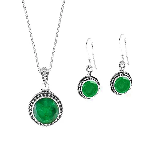 Sivalya AURORA Emerald Jewelry Set in Sterling Silver - Natural Green Raw Emerald Gemstone Necklace and Earrings Set - Jewelry Gift for Women - Beautiful Gift Box and Pouch Packaging