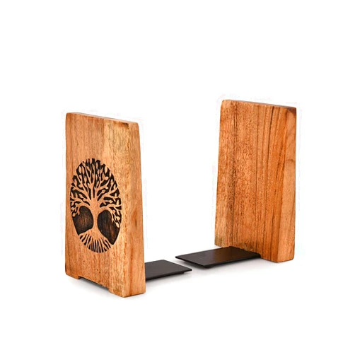 NIRMAN Office Bookends Iron & Acacia Wood Tree of Life Office Bookends for Shelves or Bookcase Heavy Bookends, Home Décor Gift (4