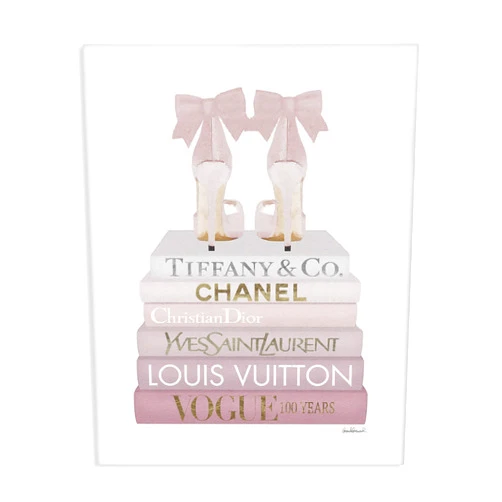 Stupell Industries Chic Pink Bow Shoes Glam Fashion Bookstack, Designed by Amanda Greenwood Canvas Wall Art, 16x20