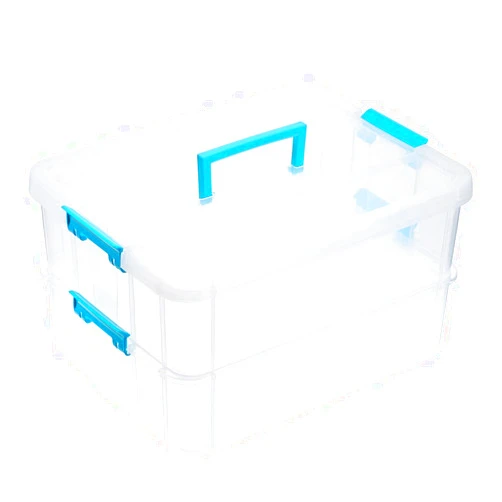 JUXYES 2-Tiers Stack Carry Storage Box With Handle, Transparent Stackable Storage Bin With Handle Lid Latching Storage Container for School & Office Supplies (Blue)