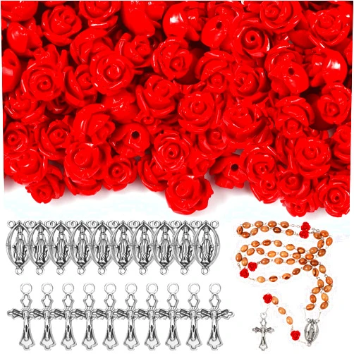 Sureio 140 Pcs Rosary Making Supplies Carved Rose Beads Flower Beads Kit Cross Centerpiece Crucifix Medal, Silver Jesus Maria Pendant for Bracelet Necklace(Red)