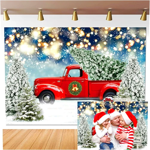 Yeele 6x4ft Christmas Snowy Scenery Photo Backdrop Red Truck Pine Tree Photography Background Sliver Gold Bokeh Glitter Xmas Bell Vinyl Wall Decor Merry Christmas Party Celebrate Shoot Props