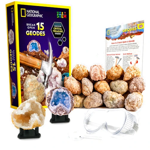 Blue Marble NATIONAL GEOGRAPHIC Break Open 15 Premium Geodes for Kids Break Open - with Goggles, Detailed Learning Guide, 3 Display Stands, Great STEM Science Toy & Educational Gift, Easter Basket Stuffers