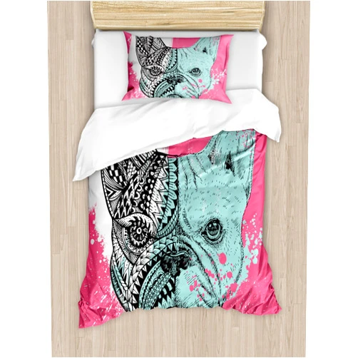 Ambesonne Modern Duvet Cover Set, French Bulldog Split with and Paintbrush Vivid Artwork Print, Decorative 2 Piece Bedding Set with 1 Pillow Sham, Twin Size, Seafoam Pink