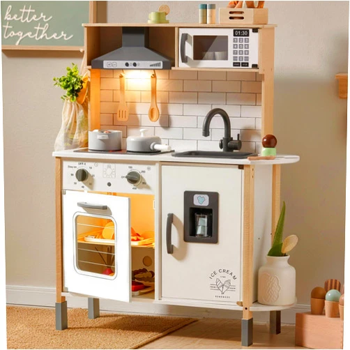 Tiny Land Play Kitchen for Kids, Wooden Kids Play Kitchen Playset Chef Pretend Play Set for Toddlers with Real Lights & Sounds, Toys Kitchen with 18 Pcs Toy Food & Cookware Accessories
