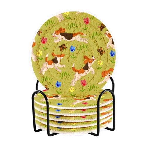 Wusikd Beagle Dogs Bar Coasters for Drink Flower Meadow Coaster Set of 6 with Metal Holder Cotton Woven Coaster for Coffee Table, Bistro Tabletop, Home Decor, Kitchen,Holiday
