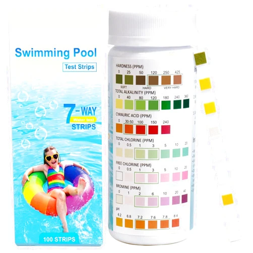 AKSBTEC 100 Strips Pool Salt Test Strips, 8IN1 Accurate Pool Test Strips for Pool, Hot Tub&Spa, Quick&Easy Test Salt, Bromine, Total Alkalinity, pH, Free Chlorine, Total Hardness, Cyanuric Acid&Total (7IN1V)
