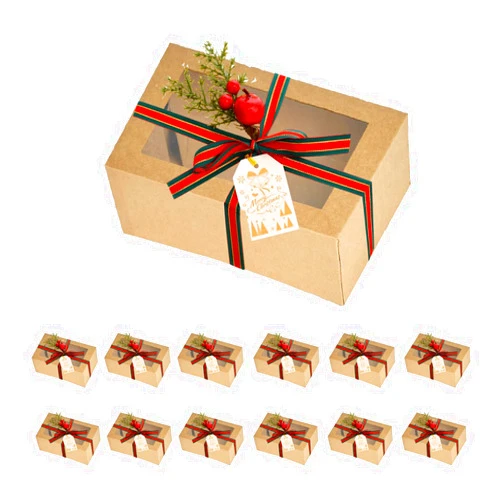 TIMBLESSING 12 Pack Christmas Gift Boxes with Clear Window, Red Christmas Gift Boxes with Ribbon, Pine Sprigs & Berry Decorations for Holiday Wrapping, 8.7x5.9x2.8 Inch (brown)