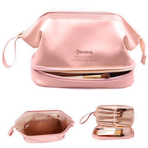Abiudeng Double Layer Makeup Bag,Travel Makeup Bag,Large Capacity Travel Cosmetic Bag,Toiletry Bag for Women,Checkered Makeup Bag,Portable Leather Toiletry Bag,Luxury Makeup Bag-Pink