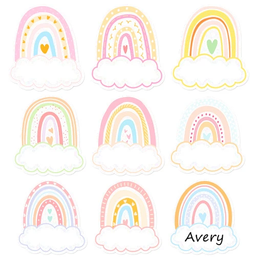 Whaline 135Pcs Pastel Rainbow Clouds Name Tag Stickers 9 Designs Nameplate Stickers Colorful Classroom Bulletin Board Decoration Label Stickers for Office School Desk Wall Decor