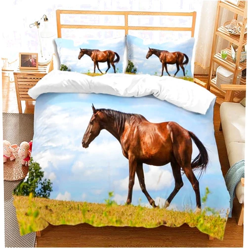 Jingzhang Horse Duvet Cover Set 3Pcs,3D Printed Beautiful Blue Sky Stallion Bedding Set with Zipper Green Grass Stallion Comforter Cover with 2 Pillow Shams,Queen Size