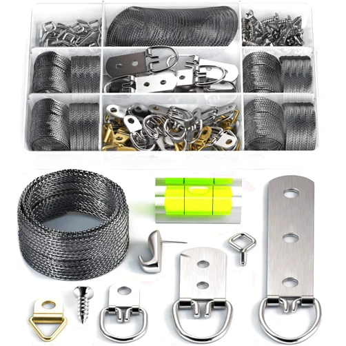 LuckyBeeBo Picture Wire Hanging Kit 100+ Pieces - D-Ring, Screws, Hanging Hooks,Level. Supports up to 50 lbs 120+ Feet(38 M) Stainless Steel Wire Hanger | Comes with Solid Box