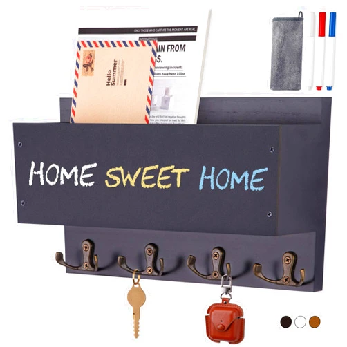 FIPUTE Key Holder Wall Mount, Wooden Key Mail Holder with Chalkboard, Mail Organizer Wall Mounted, Key Shelf Rustic Farmhouse Home Decor Entryway Storage (10.8