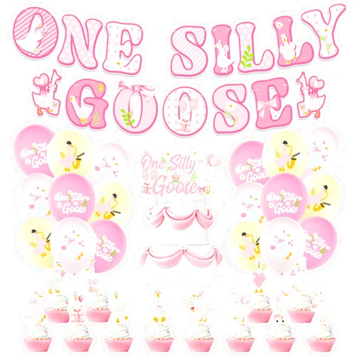 Miraitowa Goose 1st Birthday Party Decoration, Banner, Cake Topper, Cupcake topper, balloon, for Girls Pink Goose First Birthday Decorations Goose Party Supplies