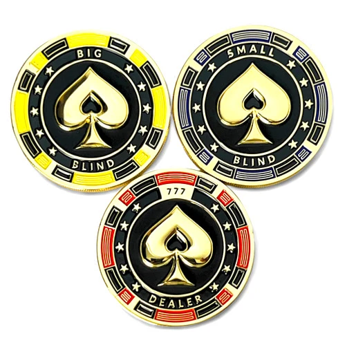 Luck Lab Set of 3 Metal Poker Buttons - Dealer Button, Big Blind and Small Blind Metal Weights (Position Markers) for Texas Hold Em - 1.75 inch (3D Spade Design)