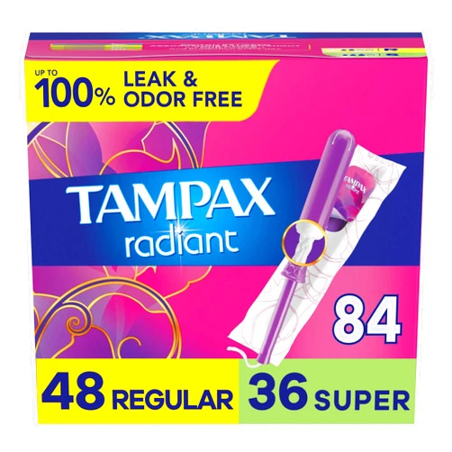 Tampax Radiant Tampons Multipack, Regular/Super Absorbency, with Leakguard Braid, Unscented, 28 Count x 3 Packs (84 Count Total)