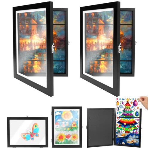 Navaris Kids Wooden Art Project Frames, 2 Pack, A4 Size - Changeable Children's Framed Artwork Display with Front Opening - Drawing, Picture, and Photo Storage Frame - Black