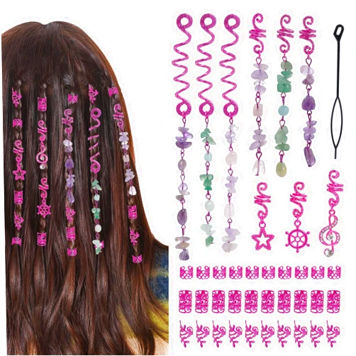 Hoyuwak 40Pcs Hair Jewelry for Braids, hoyuwak Natural Colored Crystal Stone Hair Braid Accessories Metal Hair Charms Rose Red Loc Dreadlock Spirals Cuffs Rings for Women Rave Festival Hairstyle Decoration