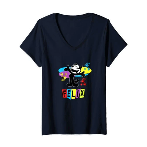 Felix Cartoon Cat Retro MidCentury Modern Tee Womens Felix Cat Comics Retro Futurist TV in Joyful Happy Design V-Neck T-Shirt