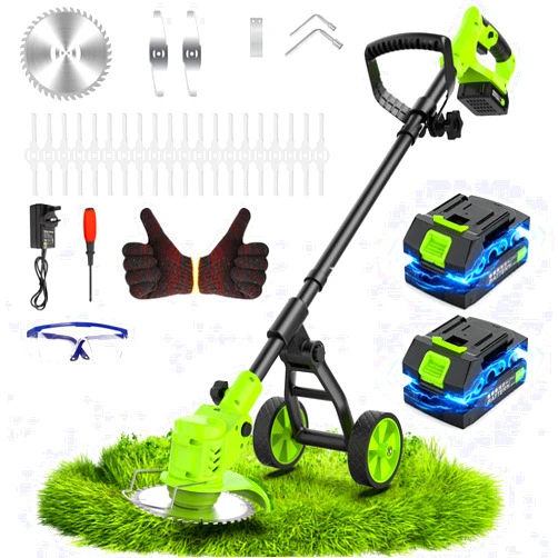 Lemolifys Electric Weed Wacker Cordless with Wheel, 4 in 1 Weed Eater Battery Powered Brush Cutter String Trimmer Edger, 4000mAh Stringless Weed Trimmer Lightweight Grass Trimmer Mower, 2 Battery and Charegr