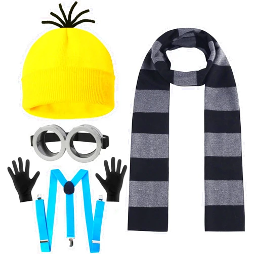 CONGRU Halloween Costume Accessories Adults-Yellow Beanie/Goggles/Gloves/Suspenders,Black and Gray Striped Scarf for Adults Halloween Dress Up