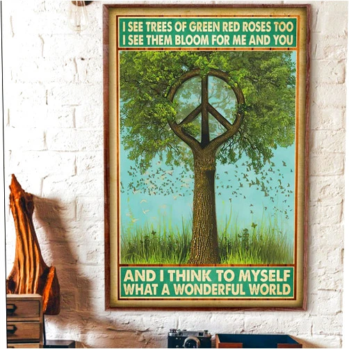 Curteny Vintage Metal Tin Sign Peace Tree and I Think to Myself What A Wonderful World Hippie Peace Poster Tin Sign Poster Vintage Metal Signs for Bar Music Club Man Cave Room Wall Decor 5.5x8 Inch…