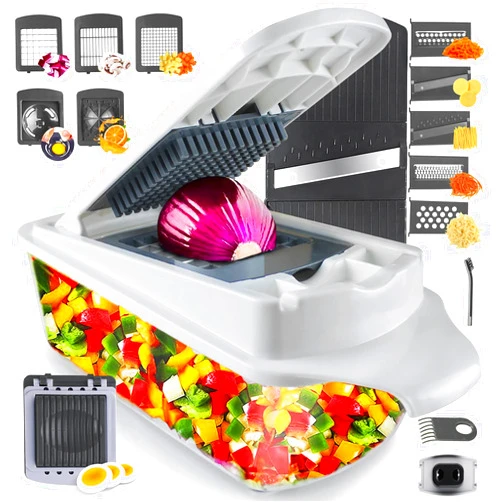 RüK Vegetable Chopper Slicer Onion Dicer, Multi 22-in-1 Veggie Mandoline Food Cutter for Tomato Fruit with Lemon Squeezer, E-Recipe, 11 Blades, Egg Separator & Slicer, Container